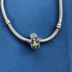 925 Italy Sterling Silver and Multicolor Hamsa Charm For Pandora